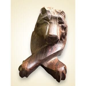 Vintage Hand Carved Wooden Lion Sculpture Crossed Paws Mid Century Folk Art